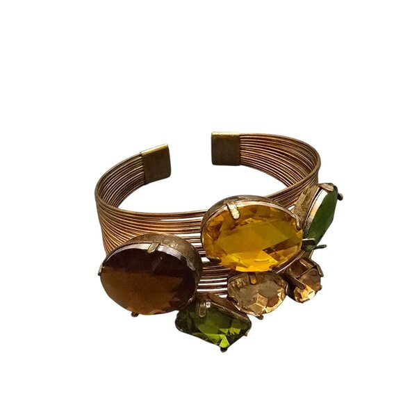 Vintage 80s Wire & Faceted Faux Crystal Adjustable Cuff Bracelet (A8732) - Picture 2 of 5